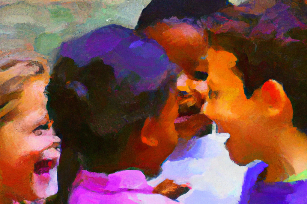 oil painting of four multiracial children talking with each other against a colorful background