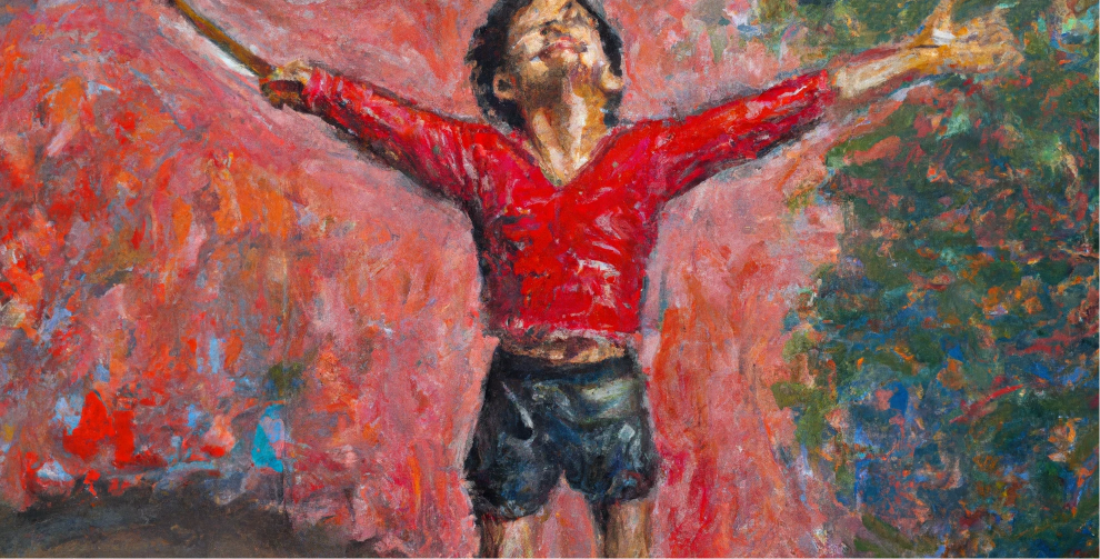 painting of a child with arms outstretched in celebration against a vibrant red and orange background