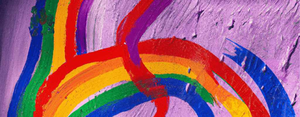 colorful painted rainbow arcs on a purple textured background representing LGBTQ pride and support