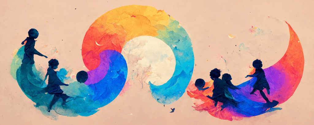 watercolor illustration of children's silhouettes playing among colorful swirling shapes