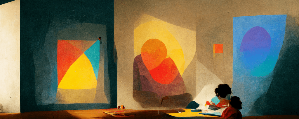 illustration of a child drawing at a desk surrounded by bold, colorful abstract artwork on gallery walls