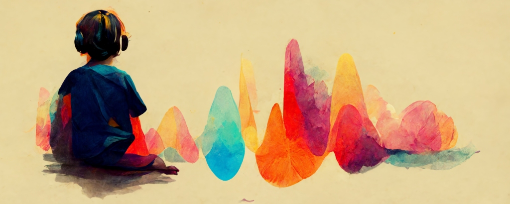 watercolor illustration of a child wearing headphones surrounded by colorful sound waves