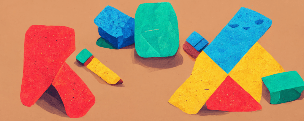 colorful building blocks in red, blue, green, and yellow scattered on a surface, evoking the creative block-based style of Roblox