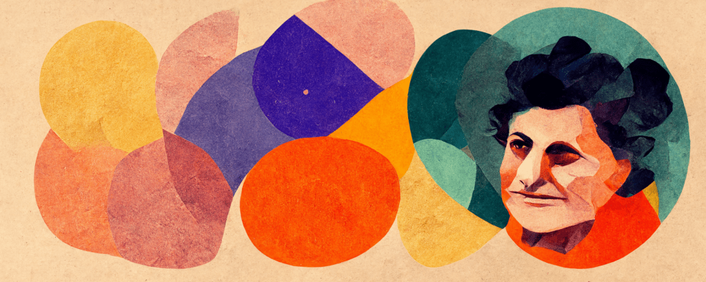 stylized illustration of Maria Montessori surrounded by colorful abstract shapes and circles