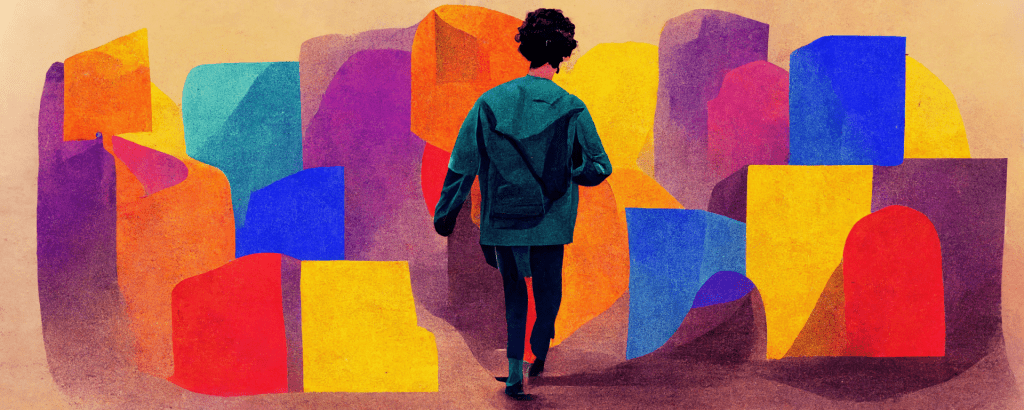 illustration of a young person walking toward colorful abstract buildings, representing exploring alternatives to college