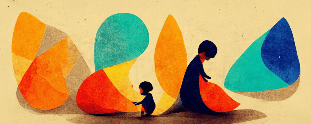illustration of a child and adult exploring bold, colorful abstract shapes symbolizing creative discovery