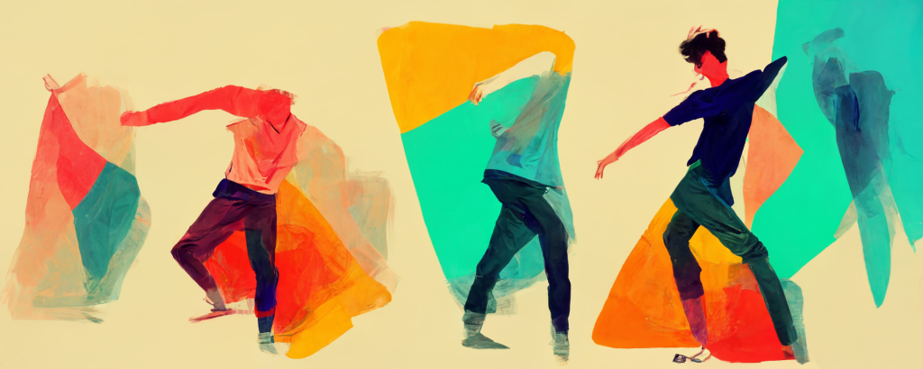 illustration of two figures dancing with expressive movement against colorful abstract shapes, representing Prisma learner Aaron's passion for ballet
