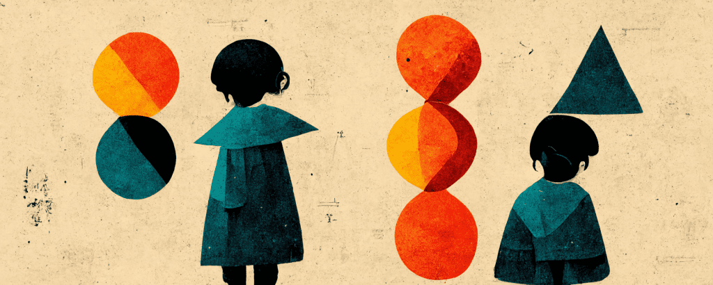 retro-style illustration of two children viewed from behind, exploring bold geometric shapes and circles