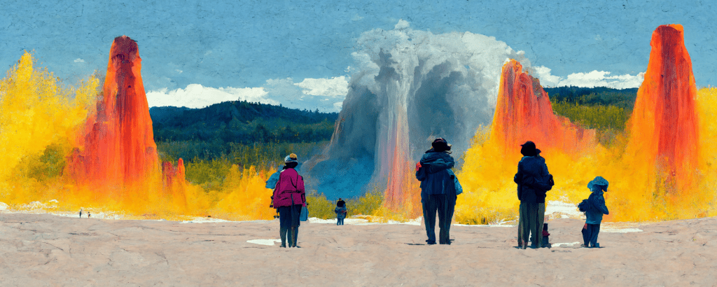 painted illustration of a family watching geysers erupt in a national park, representing educational family travel