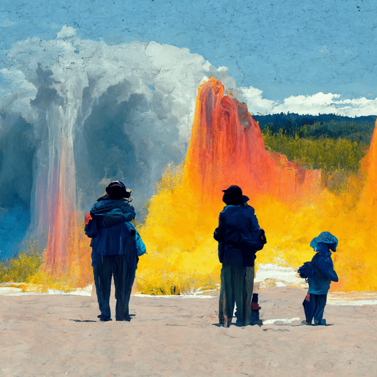 illustration of a family watching a colorful geyser erupt at a national park