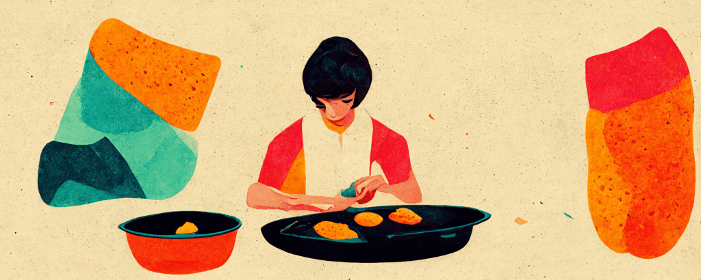 illustration of a teen cooking food in a pan, learning practical life skills in the kitchen
