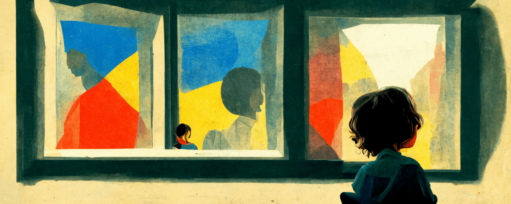 illustration of a child gazing out a window at colorful silhouettes, representing distraction and focus challenges in kids