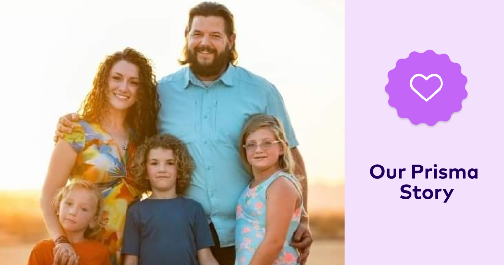 Cora and Caitlin's family photo with their three children, alongside an Our Prisma Story badge