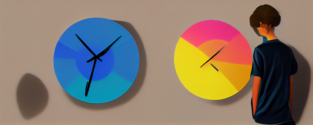 illustration of a child looking at two colorful wall clocks, representing time management and executive functioning skills