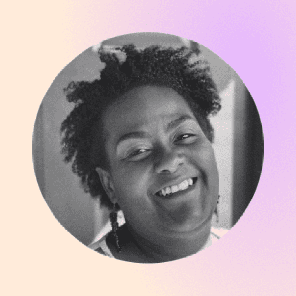 headshot of Prisma team member Angie smiling on a pastel gradient background