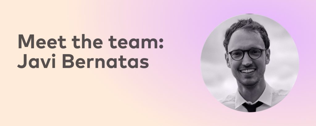 meet the team banner featuring a black-and-white portrait of Prisma math learning coach Javi Bernatas on a pastel gradient background