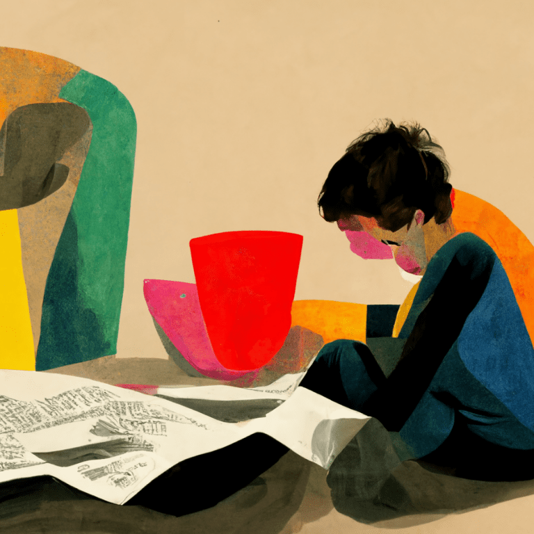 colorful illustration of a child reading a newspaper surrounded by abstract shapes