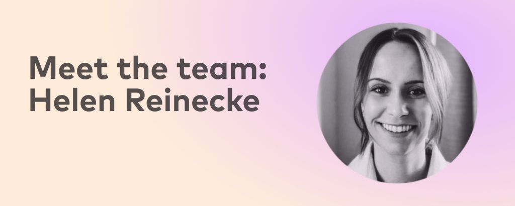 Prisma head of middle school curriculum Helen Reinecke headshot with 'Meet the team: Helen Reinecke' text on a gradient background