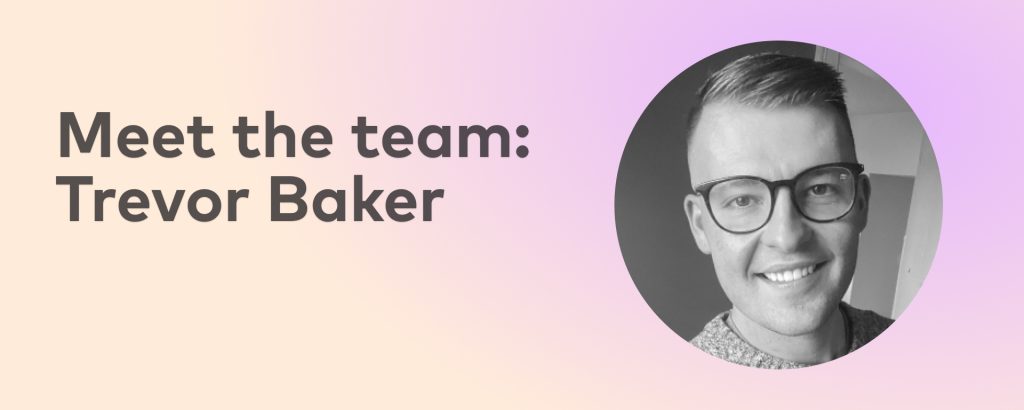 meet the team banner featuring a black-and-white portrait of Prisma LaunchPad program designer Trevor Baker on a pastel gradient background