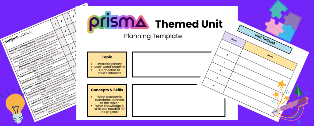 Prisma themed unit planning template and weekly timeline worksheets on a purple background with puzzle piece accents