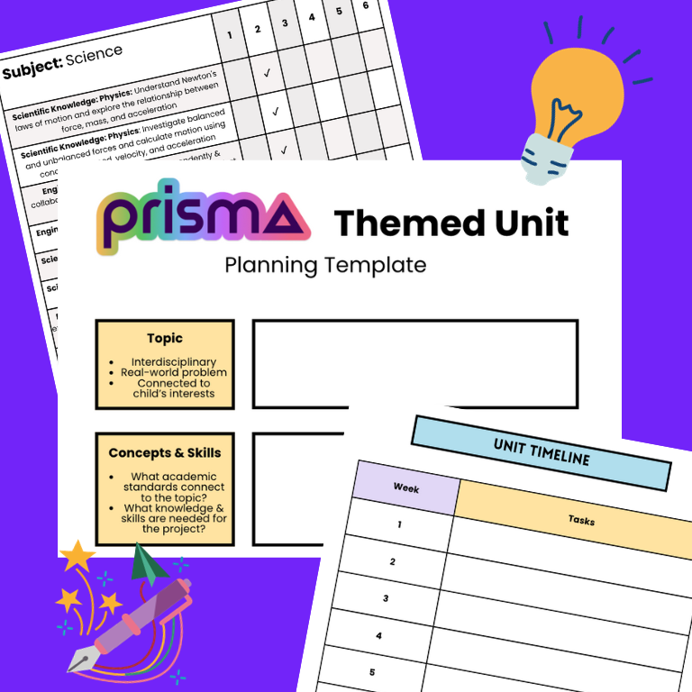 Prisma themed unit planning template with topic, skills, and timeline sections on purple background