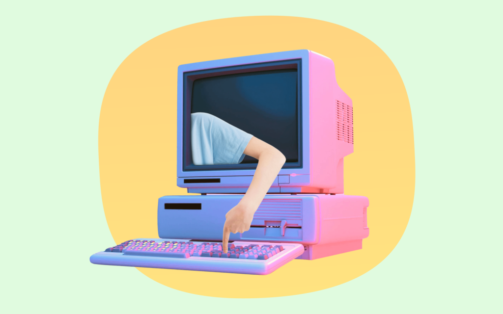 surreal illustration of an arm reaching through a retro pink and purple computer screen to type on the keyboard, representing getting started with homeschooling online