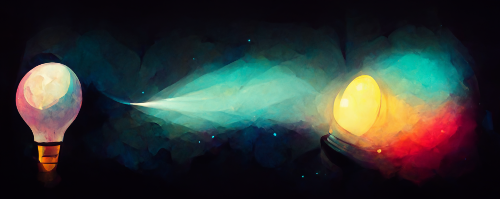 abstract watercolor painting of two glowing light bulbs on a dark background, symbolizing twice-exceptional learners