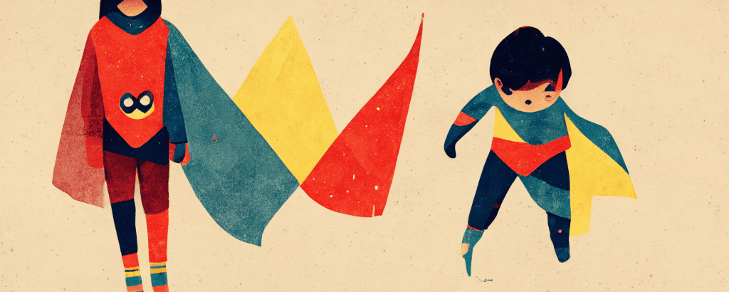 illustration of two children dressed as superheroes with colorful capes, representing building confidence in kids