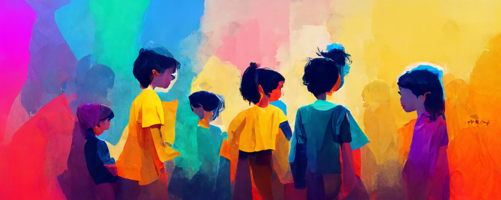 colorful digital painting of children standing together in solidarity, seen from behind