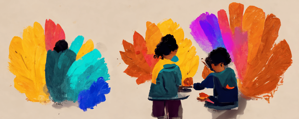 illustration of two children painting large colorful turkey feather murals as a Thanksgiving art project