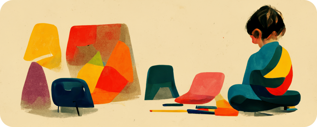 illustration of a child sitting on the floor thinking, surrounded by colorful abstract shapes and small chairs
