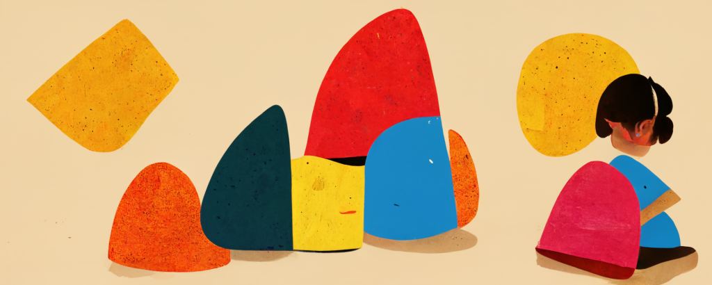illustration of a young girl observing colorful building-block shapes representing the building blocks of language learning