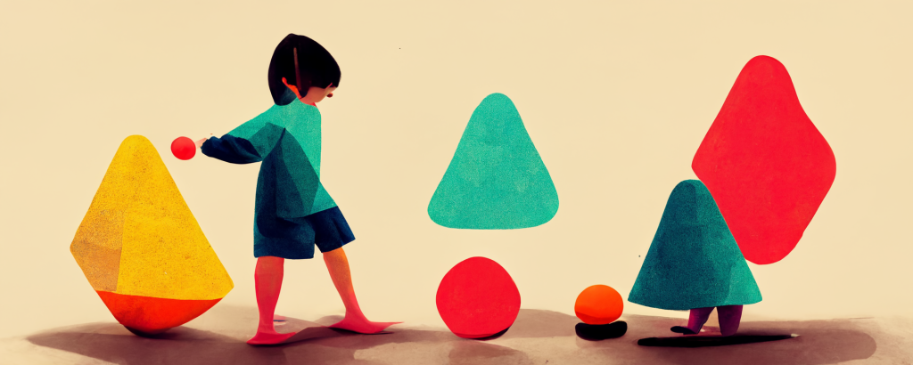 illustration of a child walking among oversized colorful geometric shapes, exploring and interacting with them