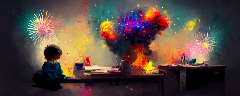 illustration of a child at a desk with colorful fireworks of ideas bursting from their workspace, representing creative ADHD learning