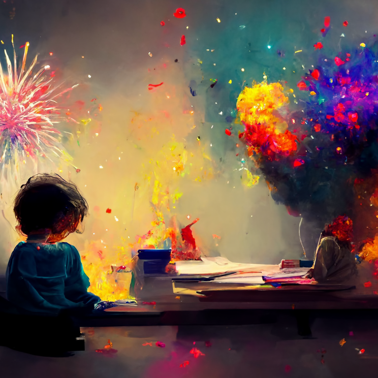 illustration of a child at a desk with colorful fireworks of creativity exploding above