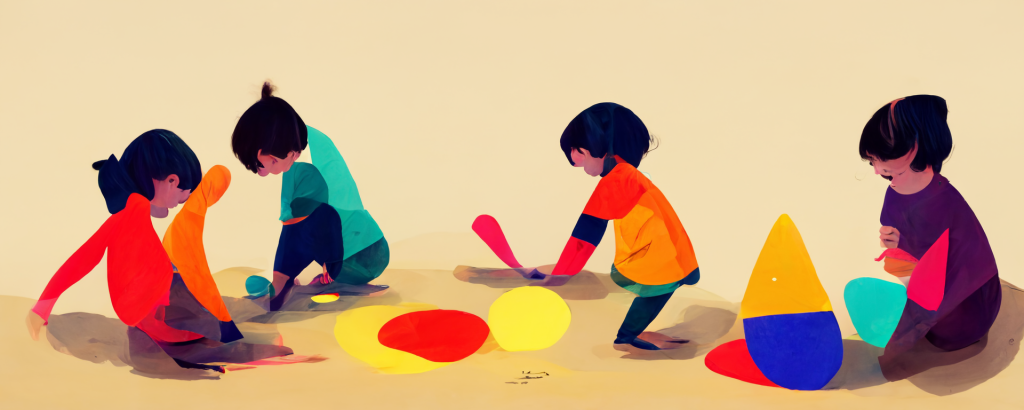 illustration of children playing together with colorful geometric shapes on the ground