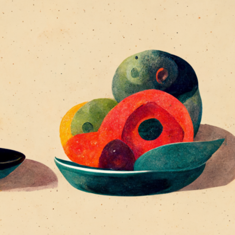 colorful illustration of assorted fruits in a teal bowl for Prisma nutrition curriculum