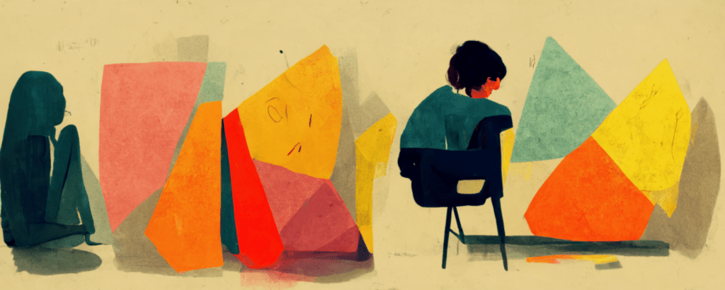 illustration of a child sitting alone in a chair between colorful geometric shapes symbolizing frustration with traditional school