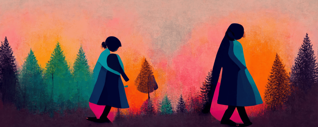 illustration of a parent and child walking apart through a forest at sunset, symbolizing the emotional distance of homeschool burnout
