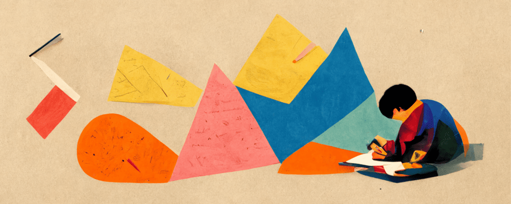 illustration of a child writing at a desk surrounded by colorful geometric paper shapes, representing creative writing prompts