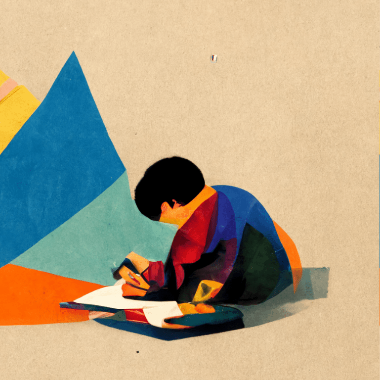 colorful illustration of a child writing at a desk with geometric shapes