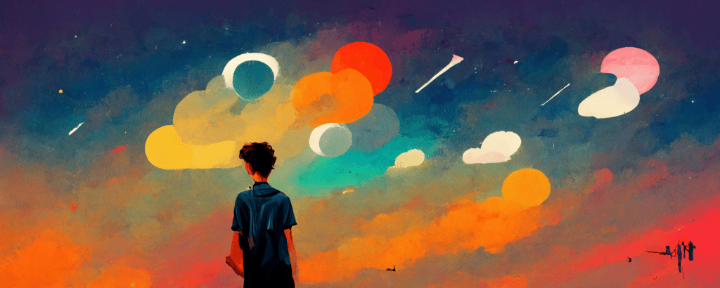 illustration of a child gazing up at a vibrant sky filled with colorful orbs and shooting stars, representing the wonder of developing critical thinking