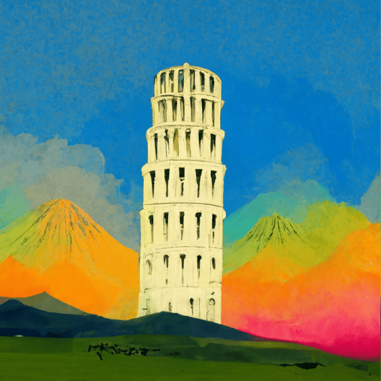 colorful illustration of the Leaning Tower of Pisa with mountains and sunset for Prisma worldschooling blog