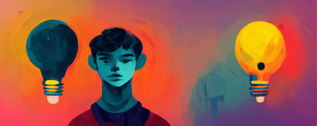 illustration of a young person between a dim and a bright lightbulb, symbolizing the power of creative thinking in education
