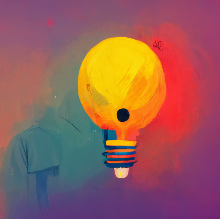 colorful illustration of a glowing lightbulb replacing a person's head symbolizing creative learning