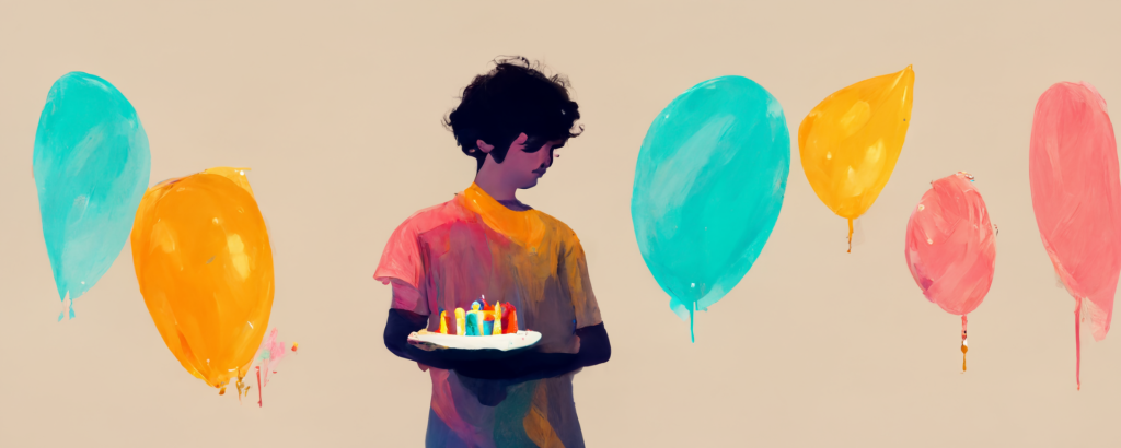 illustration of a child holding a birthday cake surrounded by colorful balloons representing homeschool cooking projects