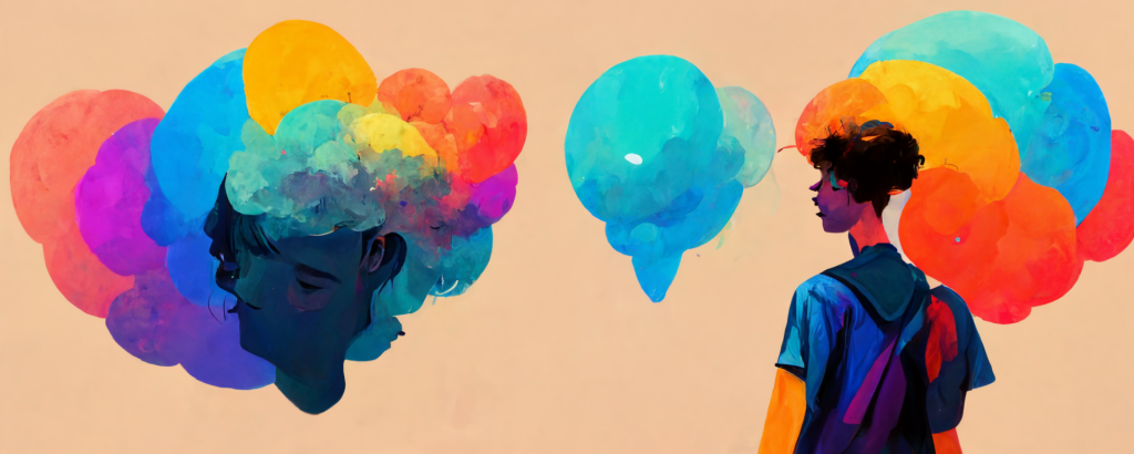 illustration of two kids with colorful thought bubbles and speech bubbles, representing building imagination and creative thinking