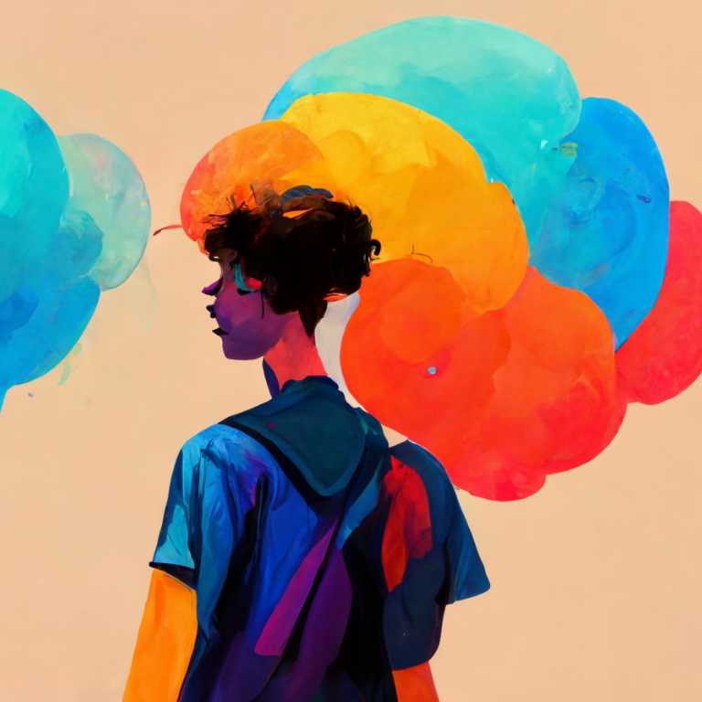 watercolor illustration of a young person with colorful thought bubbles representing imagination