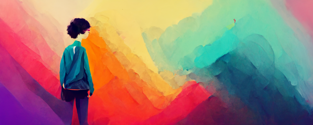 illustration of a teen standing alone gazing at a sweeping, colorful horizon