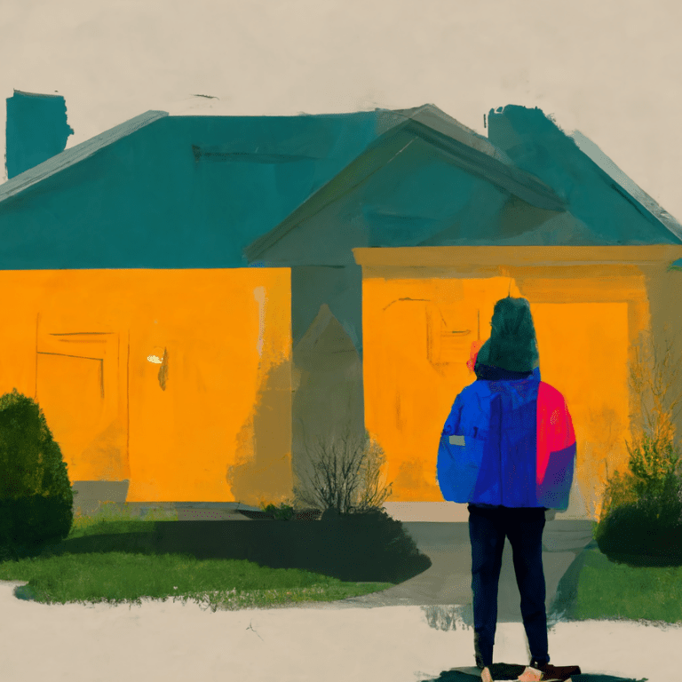 illustration of a student with a backpack standing outside a colorful house